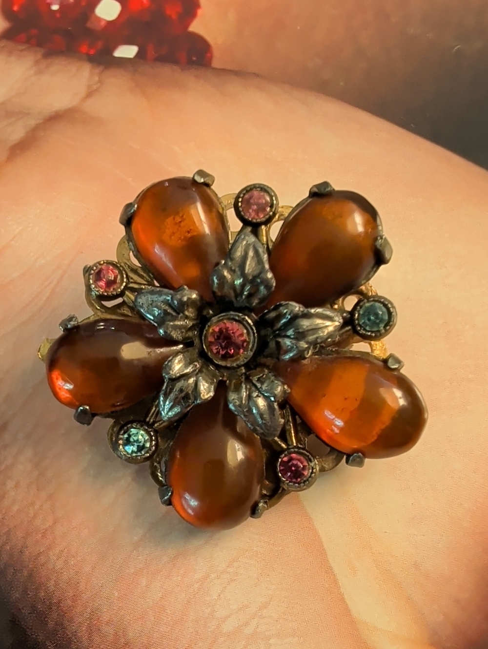 Rare Bakelite Cabachon Floral Brooch, Rootbeer Color, With Pink And Blue Crystal